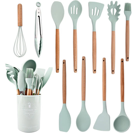 12 PCS Non-Slip Heat Resistant Silicone-Wood Handle Kitchen Utensils Cooking Sets/Colors-Blue/Green/White/Black/Storage Box Included