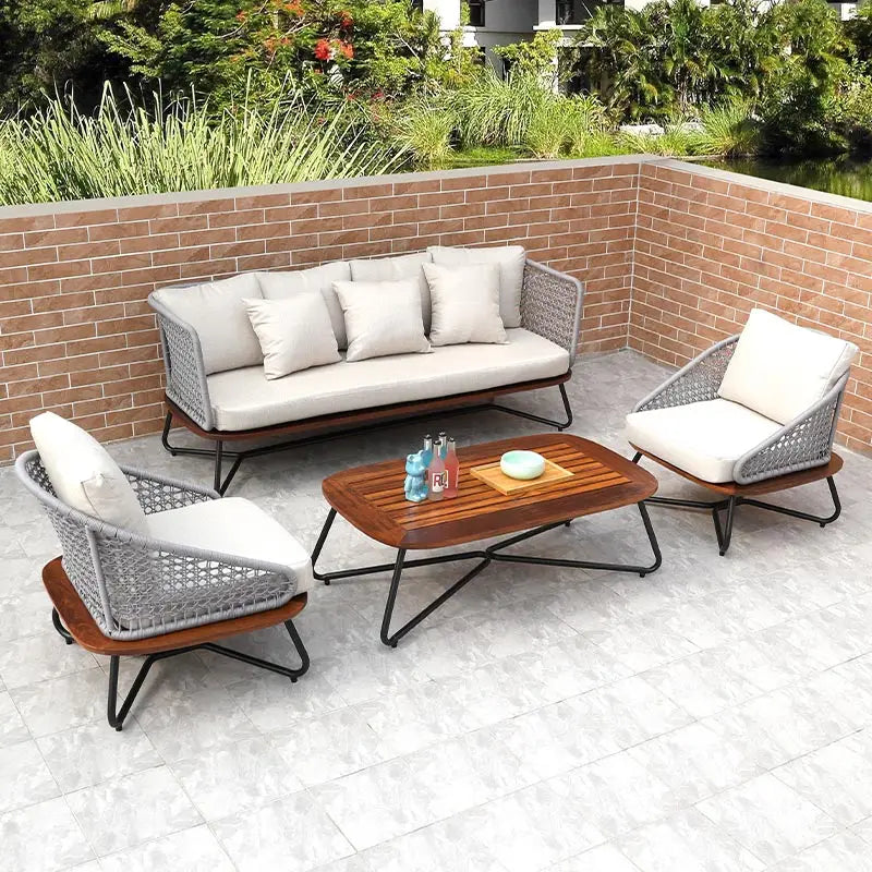 No-EN-Name-Null Outdoor Waterproof Beige Cushions Brown Solid Pineapple Wood Sitting Board Light Gray Plastic Mesh Backrest Black Aluminum Metal Base Patio Sofa Sets/ 2 Solid Wood Sitting Board Chairs/  1 Solid Wood Sitting Board Coffee Table