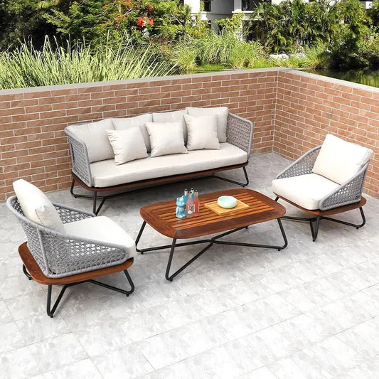No-EN-Name-Null Outdoor Waterproof Beige Cushions Brown Solid Pineapple Wood Sitting Board Light Gray Plastic Mesh Backrest Black Aluminum Metal Base Patio Sofa Sets/ 2 Solid Wood Sitting Board Chairs/  1 Solid Wood Sitting Board Coffee Table