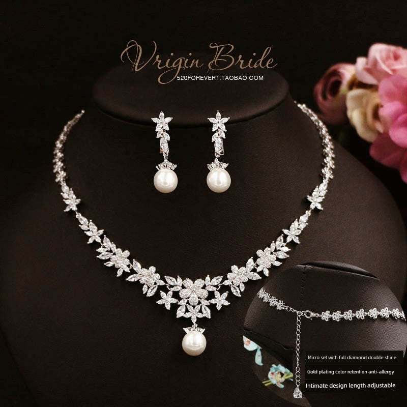 Women Fine Imitation Gold-Silver Plated Metal Alloy Dazzling Korean Flowers Big White Pearl Bridal Beaded Necklace-Two Big White Pearl Floral Earrings Jewelry Sets