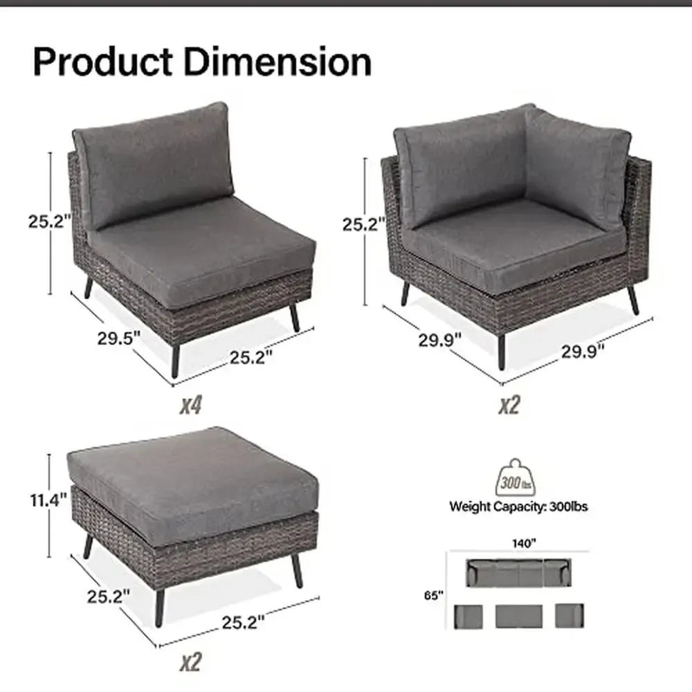 XMSJ Outdoor 8 PCS Modern Free-Standing L-Shaped Soft Comfortable Gray Synthetic Olefin Fabric Thick Sponge Cushions PE Rattan Metal Frame Sectional Sofa Furniture Sets/Table / 2 Corner Chairs/4 Armless Chairs/2 Ottoman Chairs/Weight Max : 300 LBS