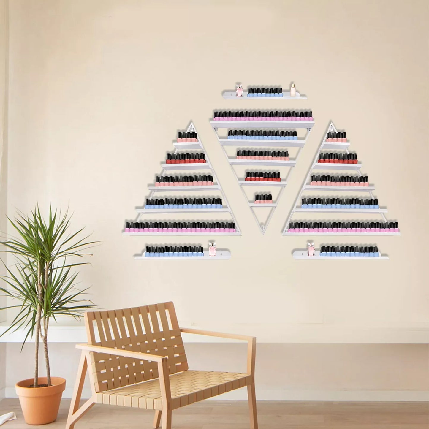 No-EN-Name-Null Modern 5-Tier Structure Round Corners Entire Triangle Shaped White Iron Metal Floating Wall-Mounted Nail Polish Retail Display Props-Models