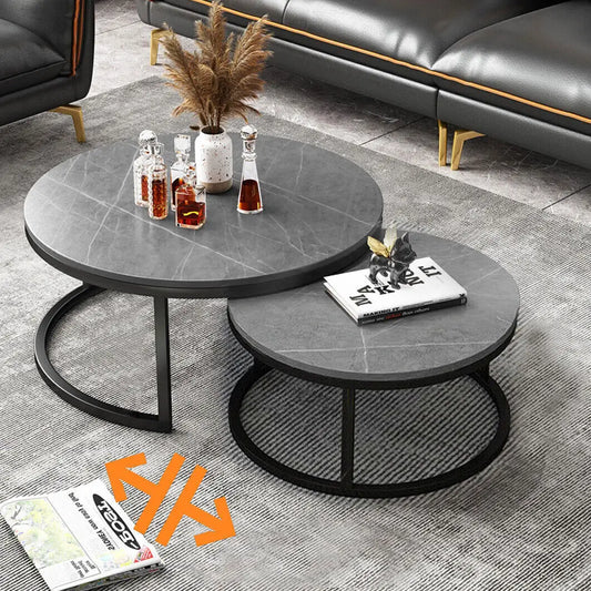 No-EN-Name-Null Modern Round Dark Gray Marble Top Black Iron Metal Base Two Nesting Coffee Tables/Small Table Size: Width 60 cm/23.6 Inches x  Height 40 cm /15.7 Inches/Large Table Size: Width 80 cm /31.5 inches x Height 45 cm /17. 7 inches