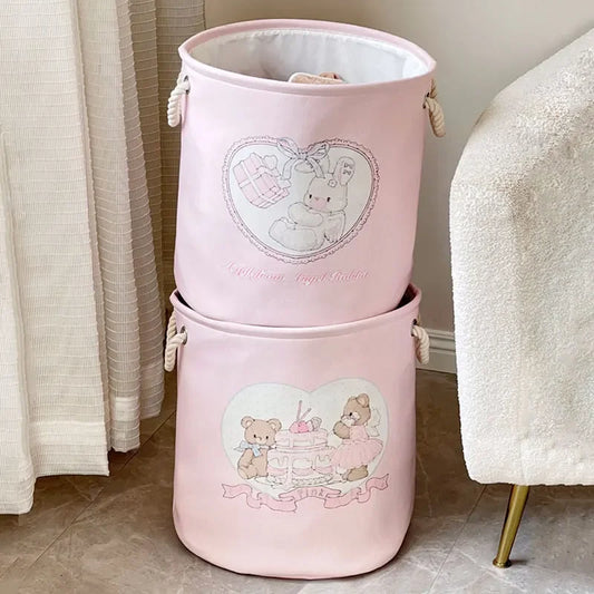 Babies Cartoon Animal Design Canvas Round Collapsible Pink Fabric Laundry Storage Baskets
