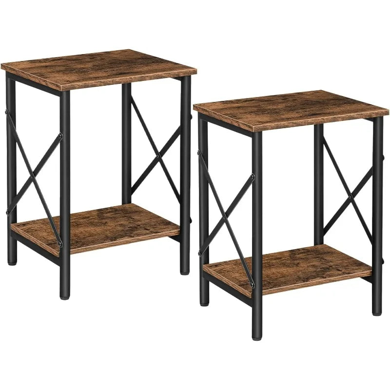OEING 2 PCS Industrial Design Brown Wood Top Black Iron Metal Frame Adjustable Feet End Table Sets/ 1 Storage Shelf/Dimensions: 10.6"D x 14.6"W x 19.9"H/Colors-Rustic Brown Black-2/Greige-2