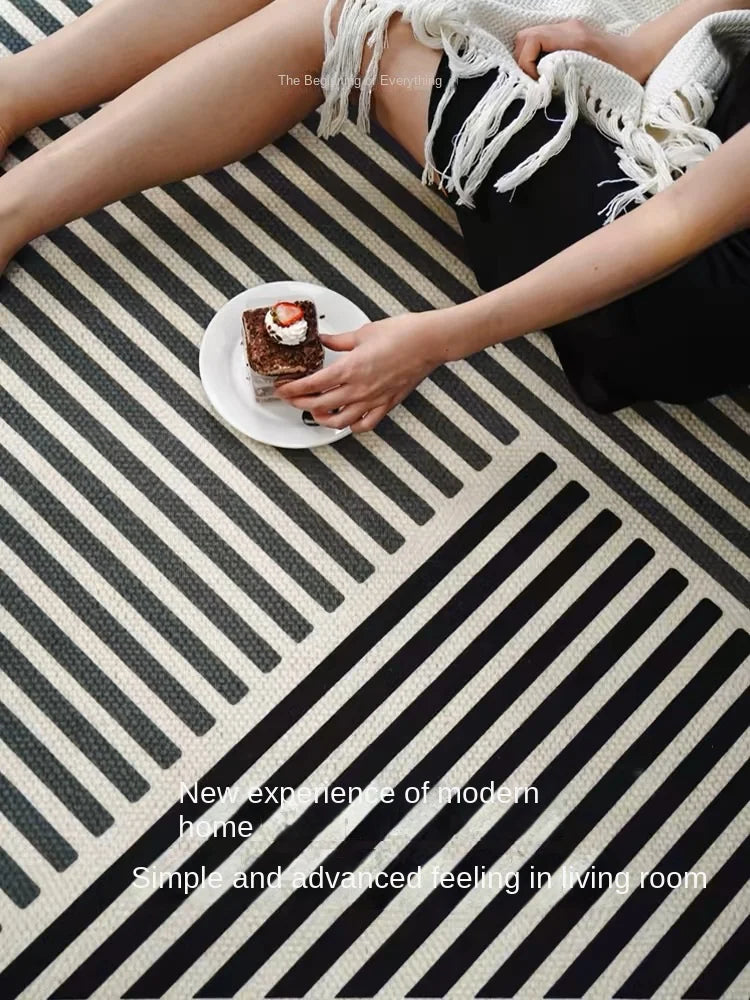 VIKAMA Modern Indoor-Outdoor Machine-Made Customized Rectangle Shaped Polyester Fabric Geometric White-Black Striped Crystal Short Velvet Cut Hand-Machine Washable Rugs
