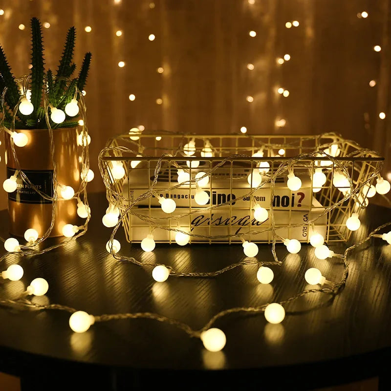 OKAL-RED-EAST Indoor-Outdoor Warm White LED Glowing Round Ball AC-Powered Light Ropes-Strings /USB Plug/3 AA Batteries Not Included/Colors-White/Yellow/Red/Multicolor/Shapes: Stars/Balls/Snowflakes
