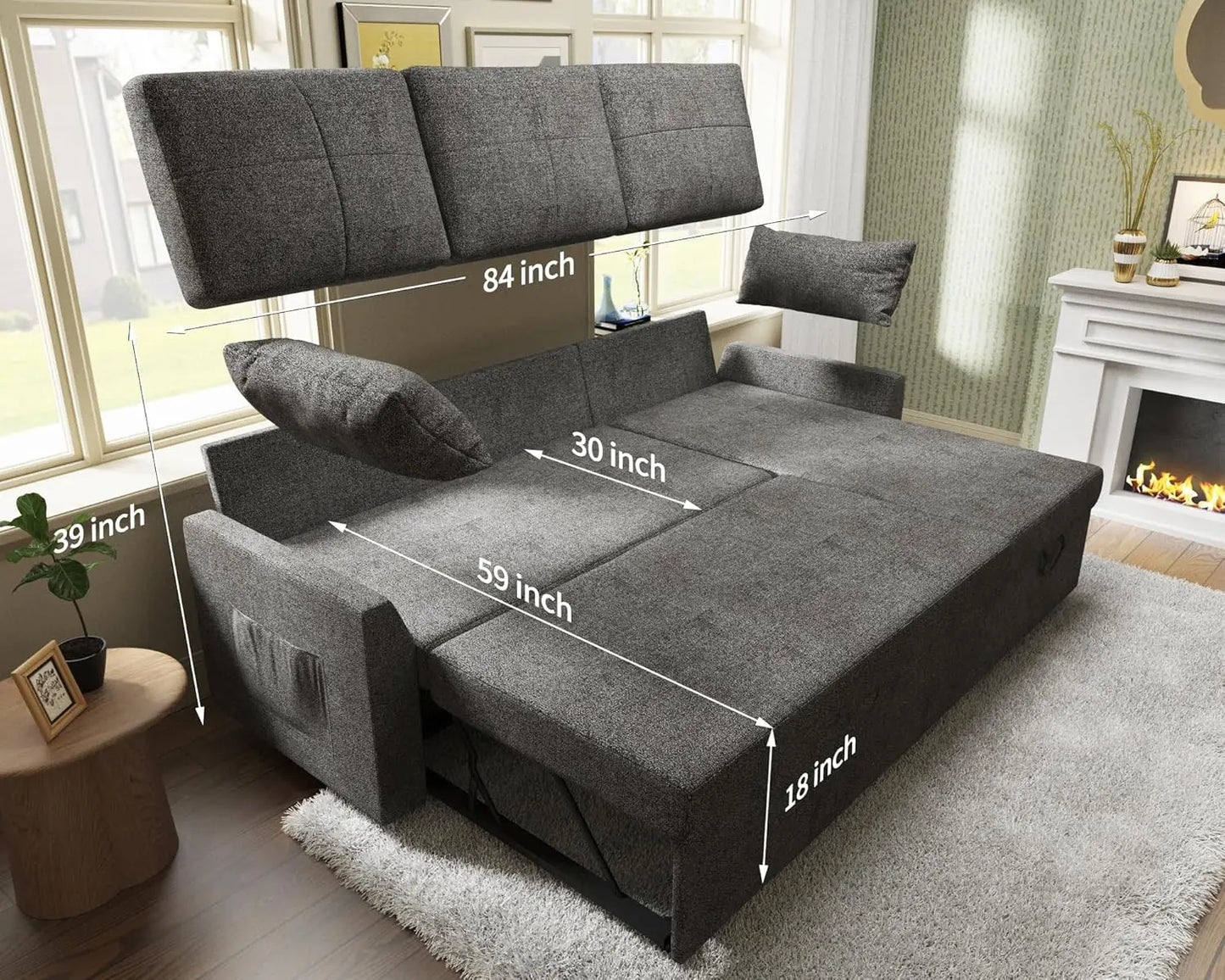 No-EN-Name-Null Grey Linen Hidden Chaise Storage-Pull Out Sleeper Bed-Medium Soft Sofas/Side Pocket
