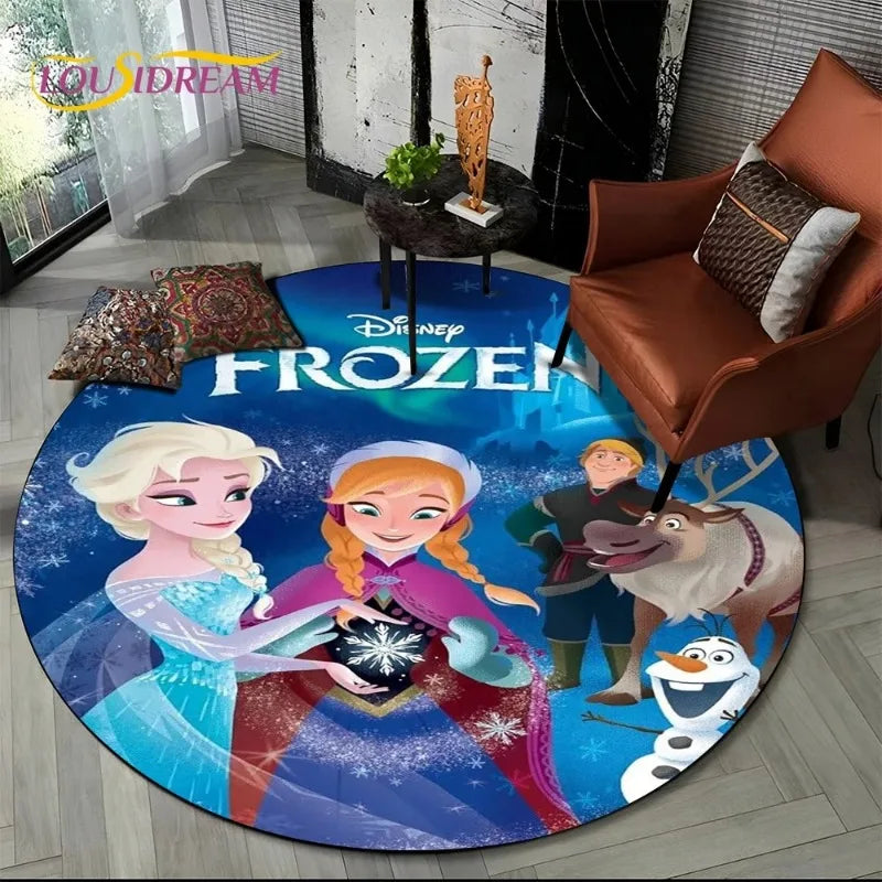 MINISO Indoor-Outdoor Kids Blue Background Round Shaped DISNEY'S Frozen II Movie Cartoon Anime Princess Elsa-Anna-Olaf Design Skid-Proof Bottom Polyester-Flannel Rugs/Colors-Blue/Red/Black/White