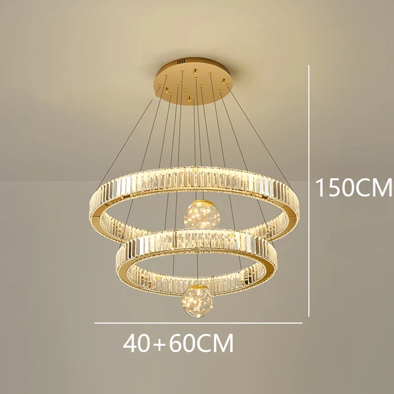 Modern Stainless Steel LED Warm Cool Twisted Ring Cord Pendant Hanging Crystal Chandelier Ceiling Lights/Dimming Remote Control/Touch On-Off/Colors-Gold/Silver
