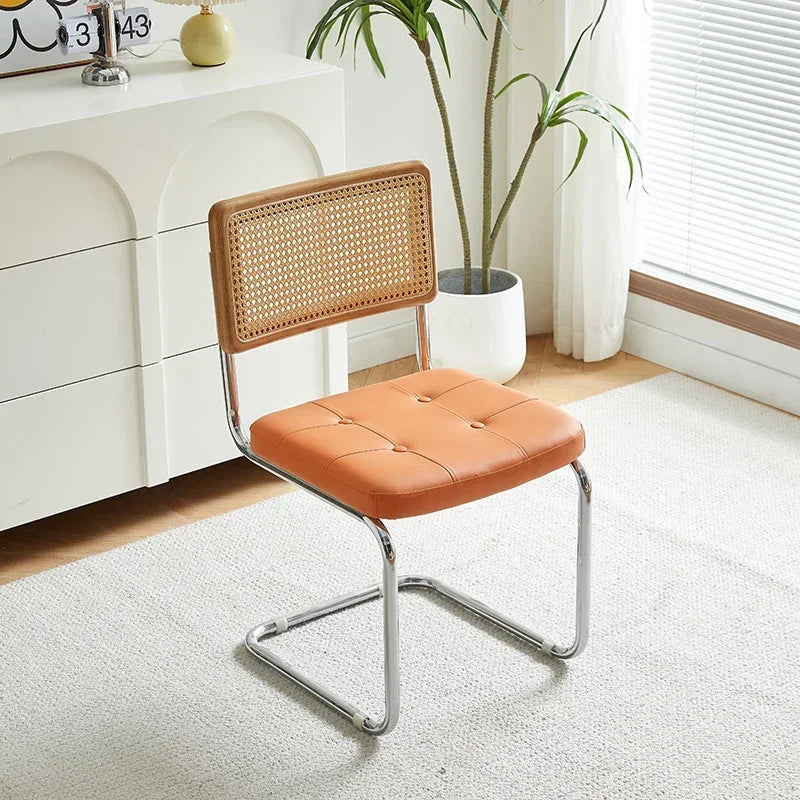 No-EN-Name-Null Nordic Armless Woven Rattan Brown Solid Wood Beige Meshed Hard Backrest-Faux Leather Seat Cushion Silver Stainless Steel Metal Frame-Legs Kitchen-Dining Room Chairs/Colors-Brown/Green/Black/Gray/Orange