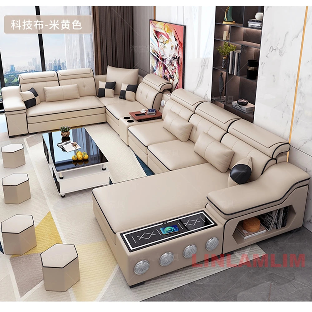 MANBAS Modern Gray U-Shape Corner Medium Firm Soft Comfortable Fabric Sectional Sofa Sets/ Chaise Lounge/ Bluetooth Speakers/ USB Charging Ports/4 Stools/Colors-Blue/Dark Blue/Dark Gray/Light Gray/Off White/Beige/NO Table