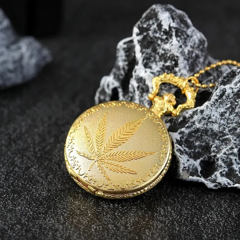 DIJANES Adults Quartz Analog Display Imitation Black Round Shaped Metal Alloy Case Abrasion-Resistant Glass Face Engraved Natural Floral Cannabis Leaf Design Pendant Chain-Pocket Watches