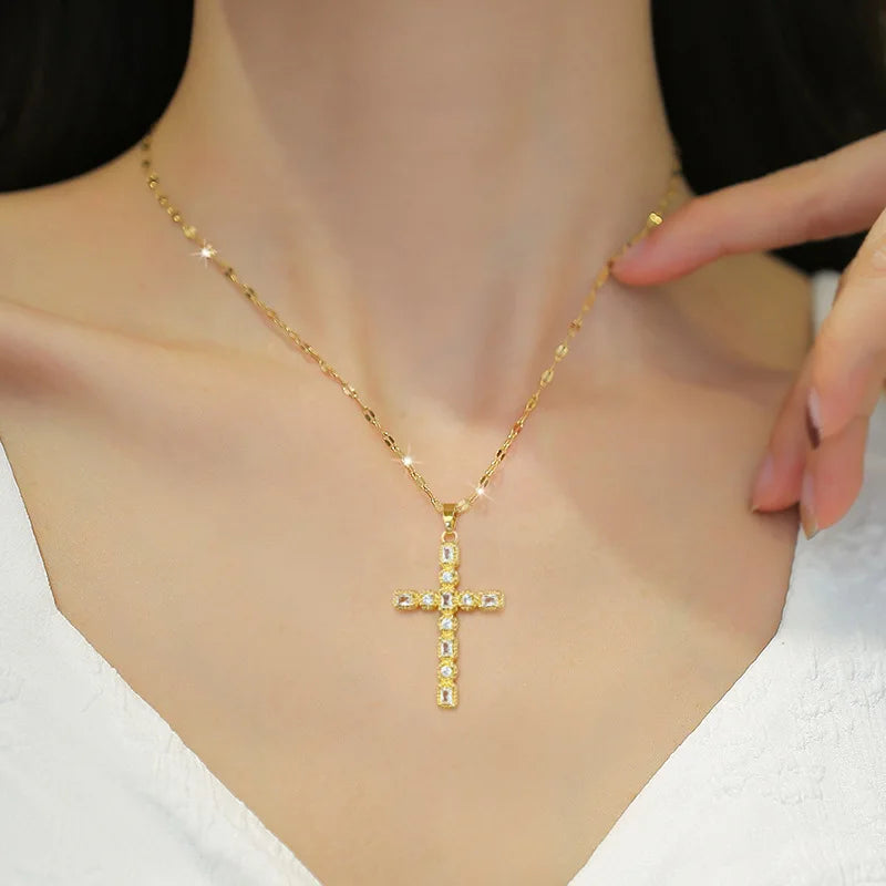 No-EN-Name-Null Women Fine Imitation Stainless Steel Metal Gold-Plated Clear White Shiny Crystal Cubic Zirconia Diamond Accents Stones Hollow Out Cross Pendant Necklaces/Colors-Gold/Silver/Clear/White/Pink/Green