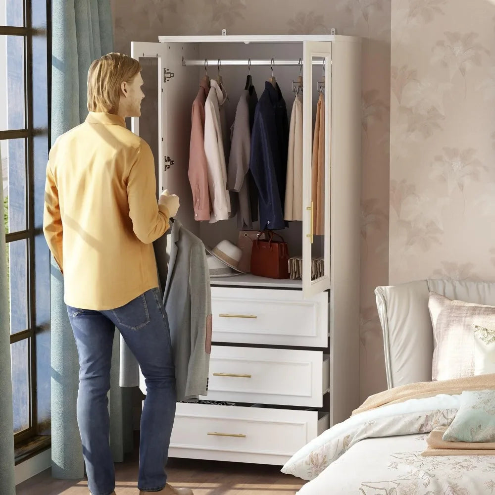 No-EN-Name-Null Modern White MDF Wood Two Glass Doors-Four Doors Three Drawers Shelved Armoires Wardrobes / 9 Metal Handles/3 Shelves/2 Silver Metal Clothes Rods/Dimensions:  L 19.3 x W 63.3 x H 74.9 Inch/Colors-White/Brown/Silver