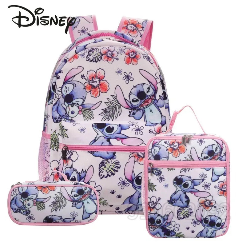 Disney Kids Large 3 PCS Cute Cartoon Stitch Movies-TV Theme Design Pink Polyester Fabric  Shoulder Straps-Handle Zipper Pockets School Backpacks Sets/Pencil Case/Small Accessory Bag/Colors-Multicolor/Pink/Blue