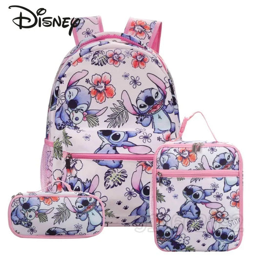 Disney Kids Large 3 PCS Cute Cartoon Stitch Movies-TV Theme Design Pink Polyester Fabric  Shoulder Straps-Handle Zipper Pockets School Backpacks Sets/Pencil Case/Small Accessory Bag/Colors-Multicolor/Pink/Blue