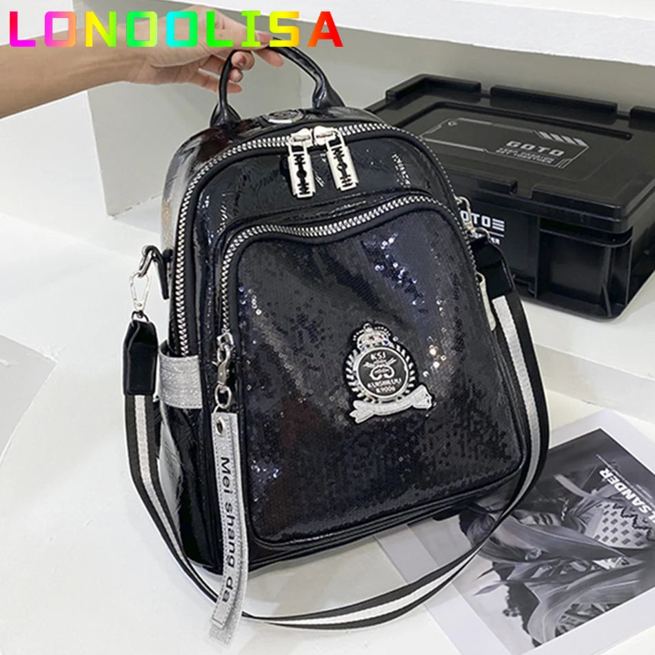 LONOOLISA Women Large Black-White Faux Leather Letter Sequins Logo On Front  Design Built-In Laptop Compartment Polyester Lining Shoulder Straps-Handle External Pockets Double Zippers Backpacks/Interior Slit Pocket/Interior Zipper Pocket