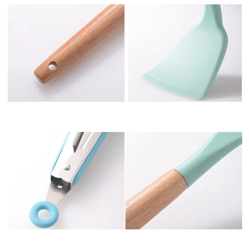 12 PCS Non-Slip Heat Resistant Silicone-Wood Handle Kitchen Utensils Cooking Sets/Colors-Blue/Green/White/Black/Storage Box Included