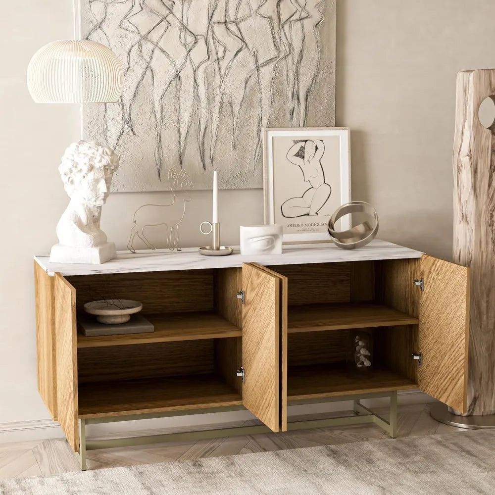 DUTRIEUX Modern White Faux Marble Top Solid Oak Wood Tip-On Doors Cabinet Rectangle Entertainment Centers-TV Stands/Fits TV's Up to 65 Inches/Dimension: W 57.09" x D 17.09" x H 29/Easy To Install