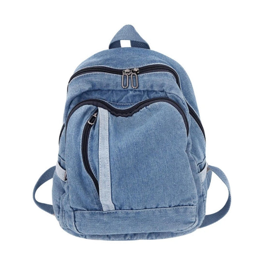 BAELLERRY Light Blue-Deep Blue Denim Jeans Fabric External Metal Zippers-Pockets Canvas Lining One Handle-Two Adjustable Shoulder Straps Large Main Compartment School Backpacks/Water Bottle Holder