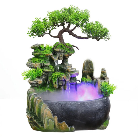 Green Resin LED Lights Indoor Bonsai Tree Foggy Mist Rocky Landscape Flowing Water Desktop Fountain/With US Plug