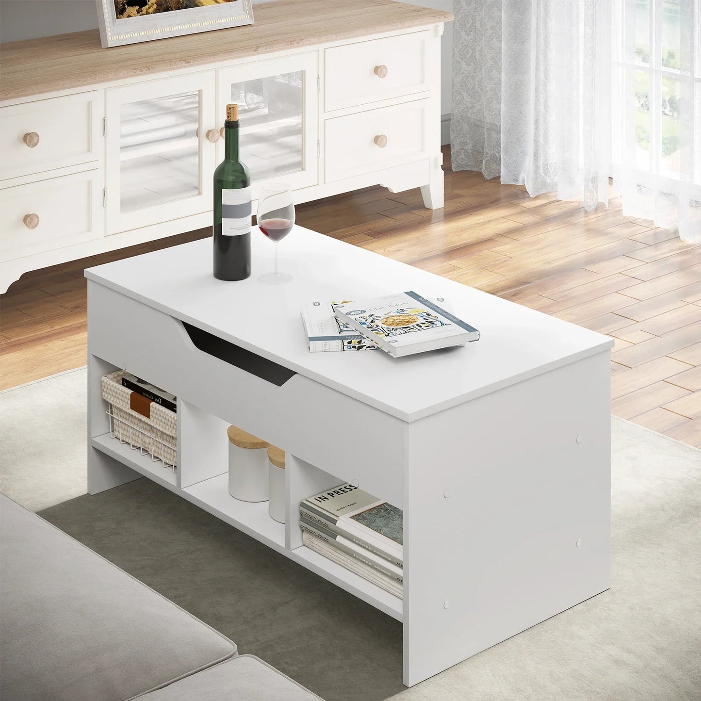 No-EN-Name-Null Modern White Pine Wood Rectangle Height-Adjustable Lift-Up Table-Top Four Large Storage Compartments Coffee Tables