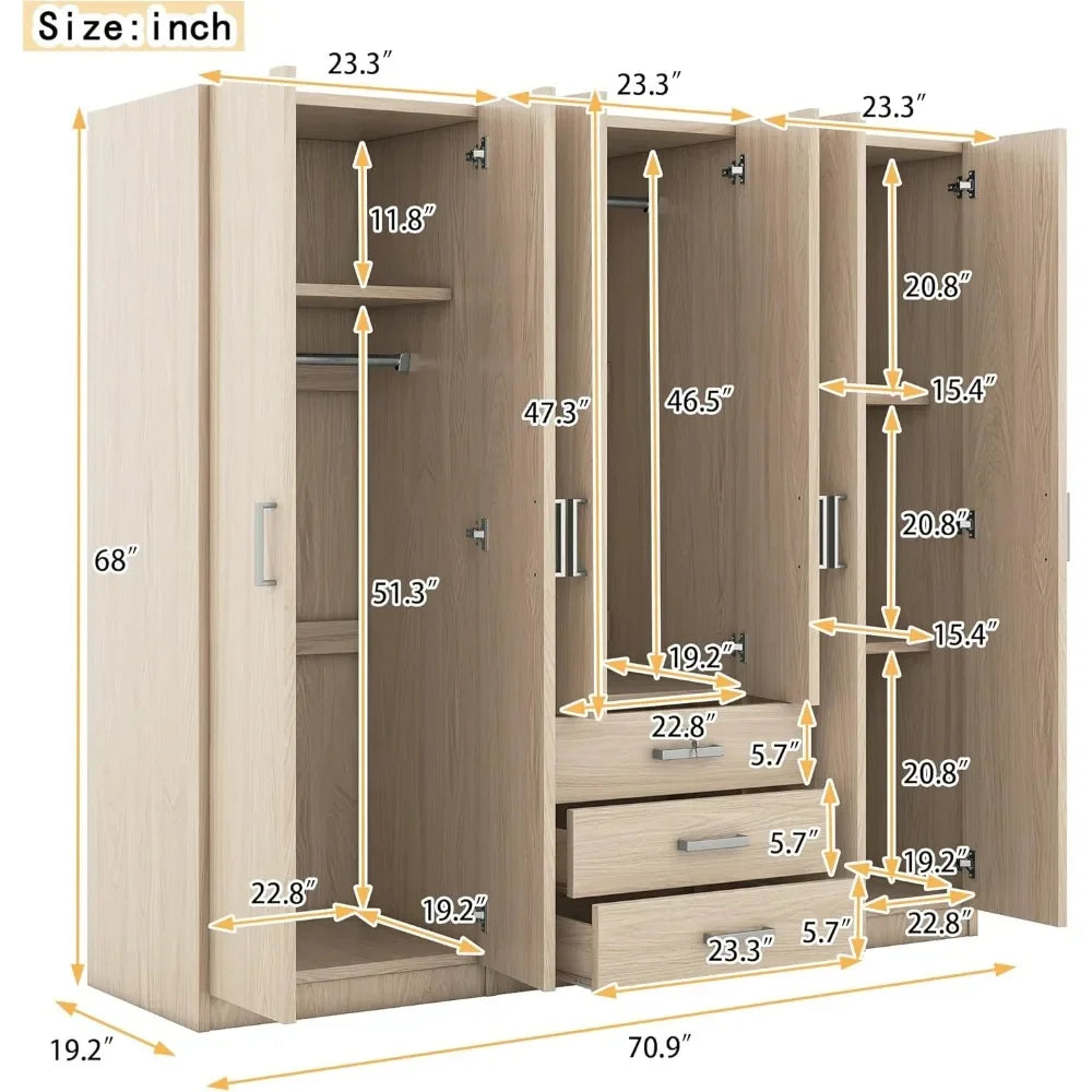 TONGYUE Modern Beige Large Six Doors Three Drawers MDF Wood Triple Wardrobes /Colors-Beige/Brown/White/Gray/ Dimensions: 19.2"D x 70.9"W x 68"H