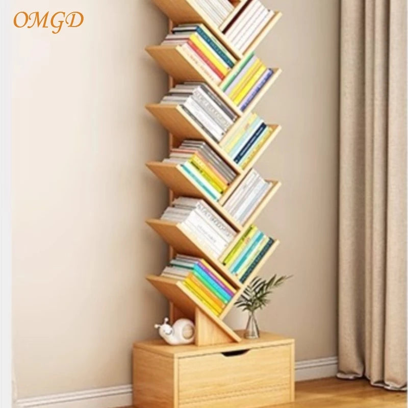 OMGD Modern Brown Wood-Panels One Drawer Box Base Free-Standing Living Room Small Tree-Like Shelves-Ladder Bookcases/Colors-Blue/Brown/White