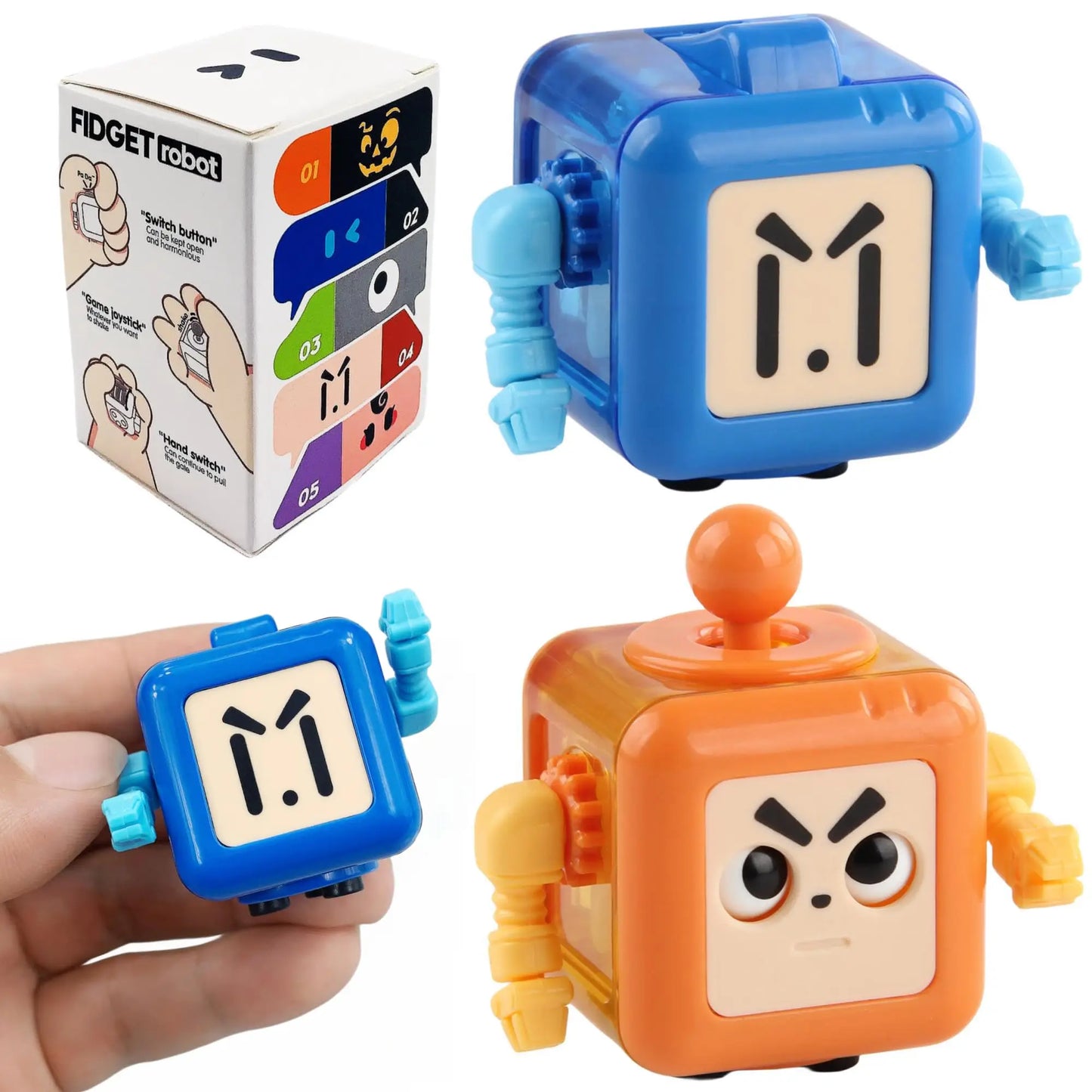 Kids Small Square Shape Handheld Cute Funny Cartoon Facial Expression Robot Anxiety-Stress Relief Smooth Plastic Fidget Toys/Colors-Green/Blue/Orange/Purple/Multicolor/Ages: 6-18 + Years Older