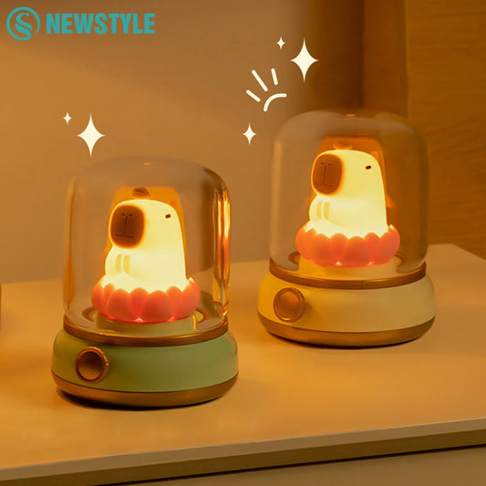 Round Glass Cute Capybara Kerosene Switch Button Sleeping Dimmable Night Light /2 Light Modes/Included  LITHIUM ION Battery/Bulbs Included/USB Cable/Colors-Animal/Clear/Yellow/Green/No Batteries Required