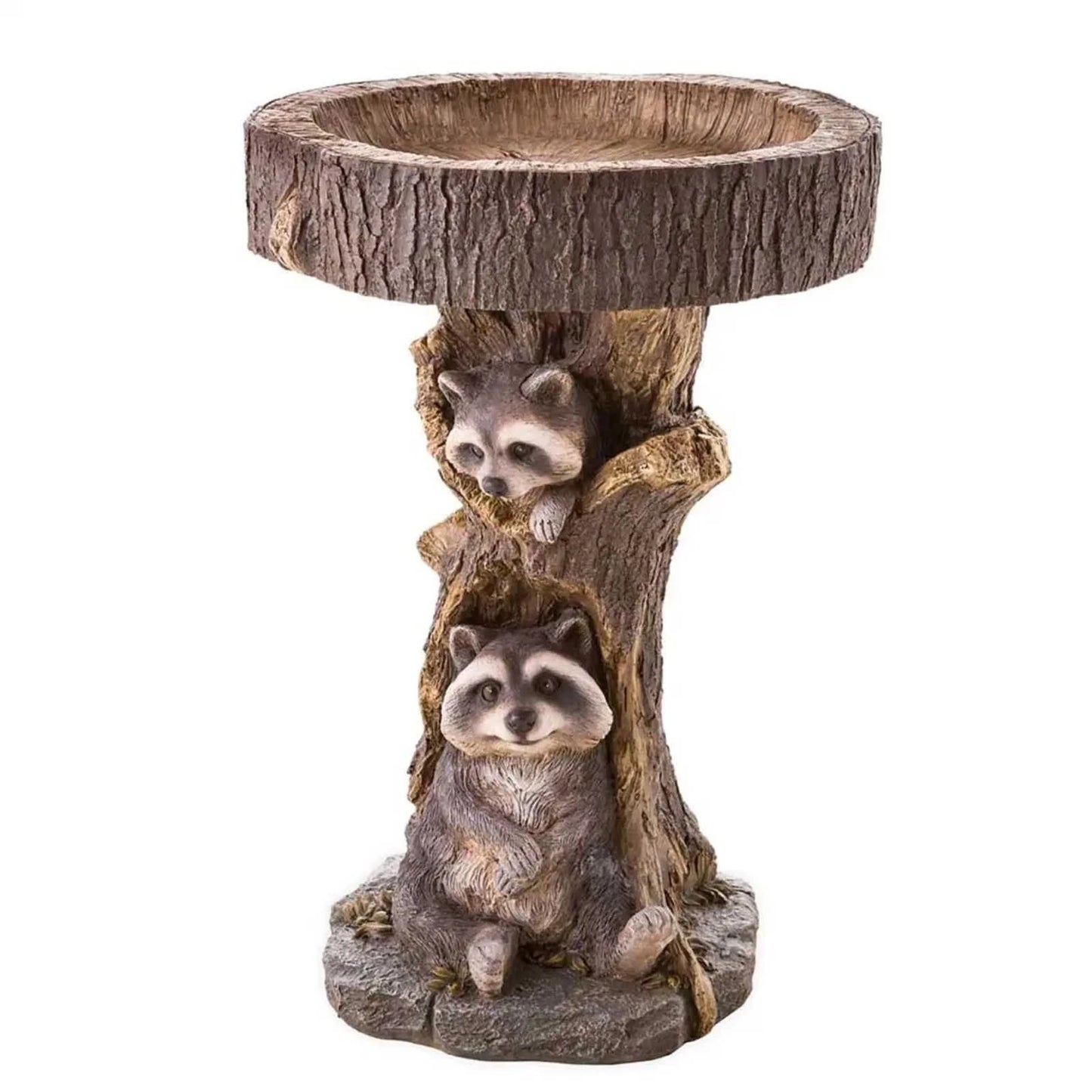 No-EN-Name-Null Home Garden Free-Standing Tree Trunk Resin Two Cardinals-Two Raccoons Animal Birdbaths/Color-Black/Gray/Animals