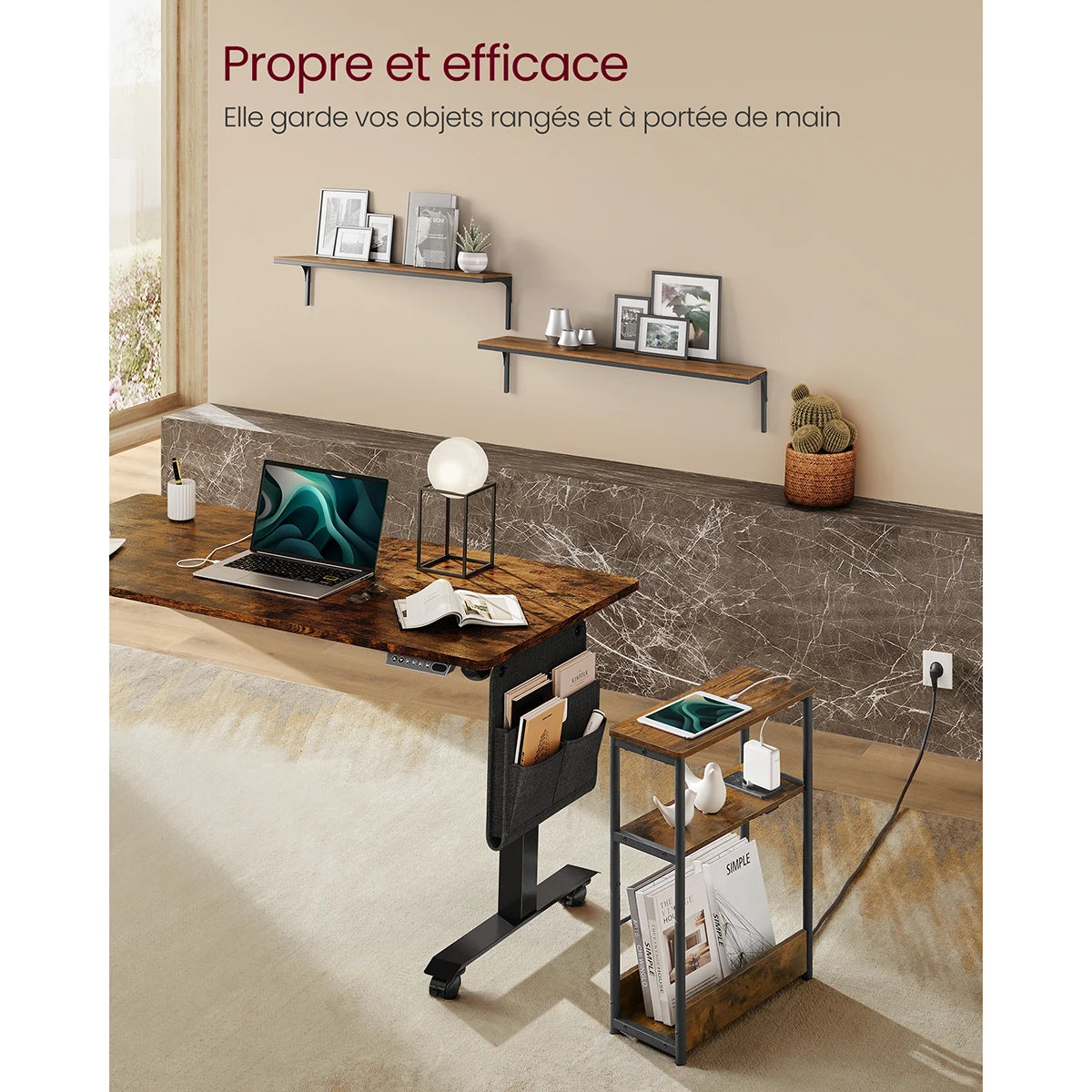 VASAGLE Rustic Brown-Black Metal Frame Slim Adjustable Height End Tables /Power Strip/2 Cable Ties/ 1 Mounting kit/ 1 Instruction Manual/Colors-Rustic Brown/Ink Black/Ivory/ Dimensions : 18 x 45 x 58 cm (P x L x H)