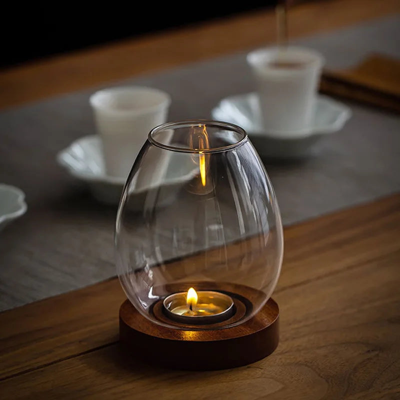 No-EN-Name-Null Modern Vintage Clear Transparent Round Glass Shade-Round Brown Wood Base Windproof Big Tealight Candle Holders
