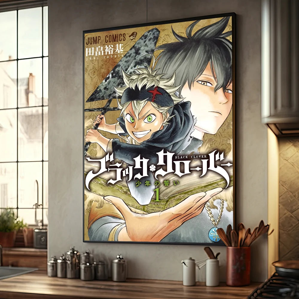 No-EN-Name-Null Modern Retro Rectangle Synthesized Paper Frameless HD Japanese Anime Black Clover Comics Books-Movies Design Self-Adhesive Waterproof Wall Art Posters/Colors-Black/Red/Orange/Multicolor
