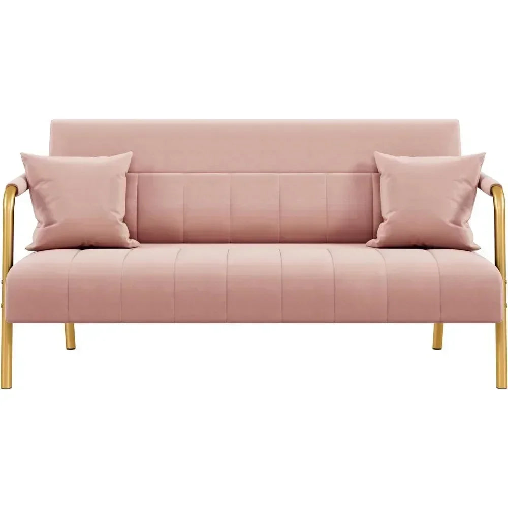 No-EN-Name-Null Modern Gold-Tone Iron Metal Padded Armrests-Legs Pink Soft Polyester Fabric Thick Cushion 2-Seater Loveseat Sofas/Colors-Green/Pink/Light Gray/Two Matching Pink Pillows/Weight Max : 600 LBS
