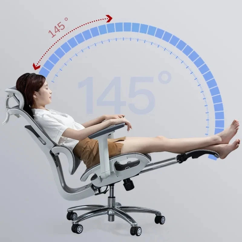 NULL Modern Ergonomic Gray-White-Black Full Mesh Movable Headrest-Backrest-Seat Adjustable Aluminum Metal Feet Four Plastic Black Wheels Rotatable  Liftable Reclining Low 3D Lumbar Support Footrest Gaming Computer Office Chairs