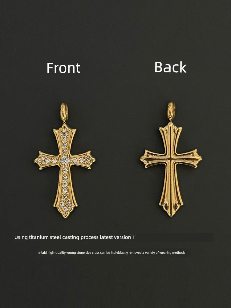 SVP Men Fine Imitation Titanium Steel Metal Clear White Shiny Diamond-Like Gemstones Two Cross Pendant Gold-Silver Chain Necklaces