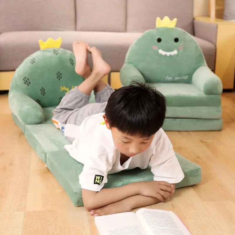 MDNG Modern Kids Customized Upholstered Padding Cute Soft Gray Velvet Fabric Cartoon Animal Faces Folding-Out Play Arm Chairs/Sponge Filling/Colors-Green/Pink/Yellow/Gray/Animals
