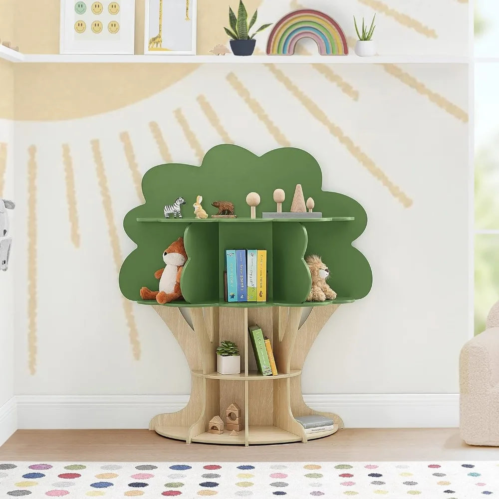 XMSJ Modern Toddlers Wall Mounted MDF Wood Delta Cartoon Cute Green Tree Top Natural Light Oak Trunk Shaped Round Bottom Rack Bookcases-Shelves/Colors-Green/Brown