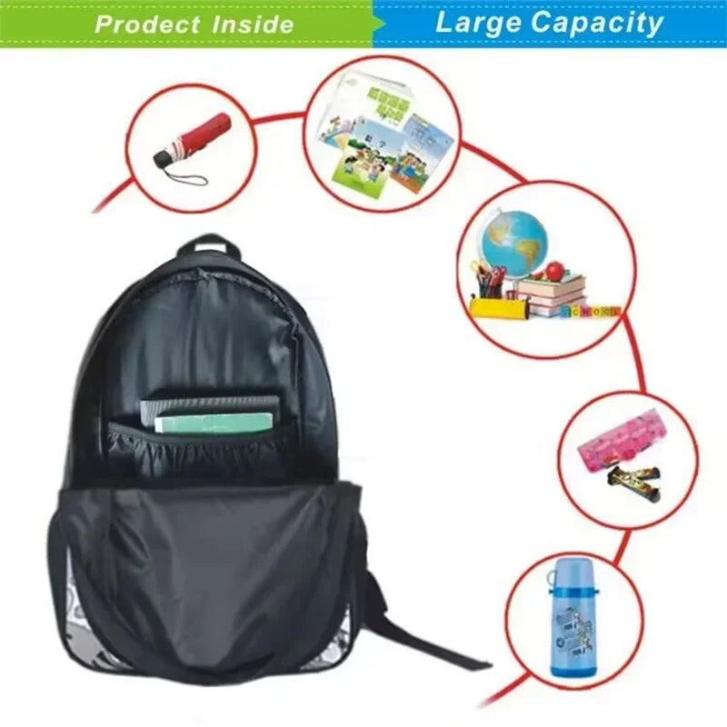 MINISO Kids 3 PCS Large Waterproof Nylon Fabric Zippers Exterior Pockets Printed-Burning Flames Soccer Ball Design Curved Back Shoulder Straps-Handle Sports IPAD Compartment School Backpacks/Color-Black/White/Blue/Multicolor