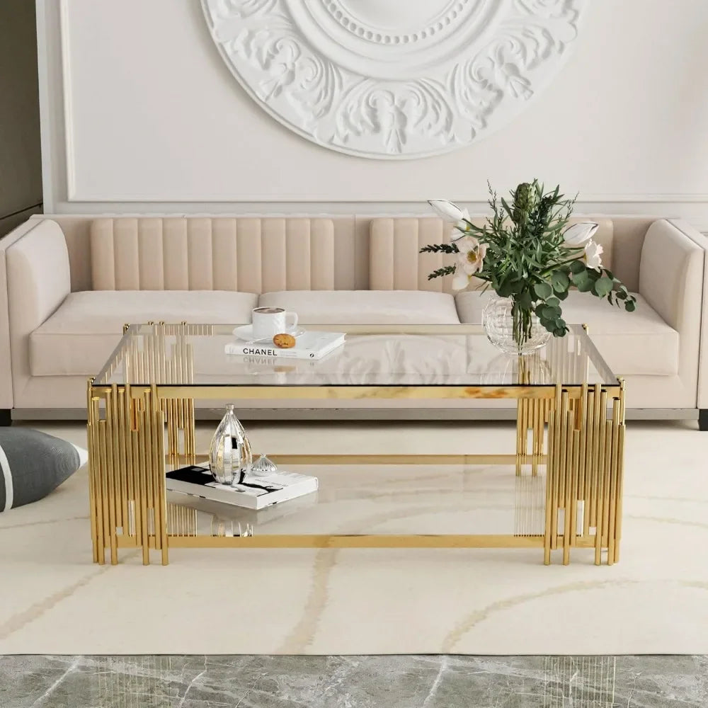 RUO WU Modern Clear Tempered 8MM Thick Glass Top Rectangle Shaped Gold Stainless Steel Pipe Welded Legs Coffee Tables
