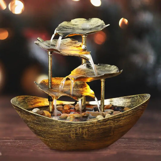 Modern Small LED Lights Metal Flowing 4-Tiers Realistic Lotus Leaf Ultra-Deep Boat Shape Open Basin Pebble Circulating Soothing Desktop Fountains/USB Power Cord/Colors-Bronze/Gold/Silver/Brown