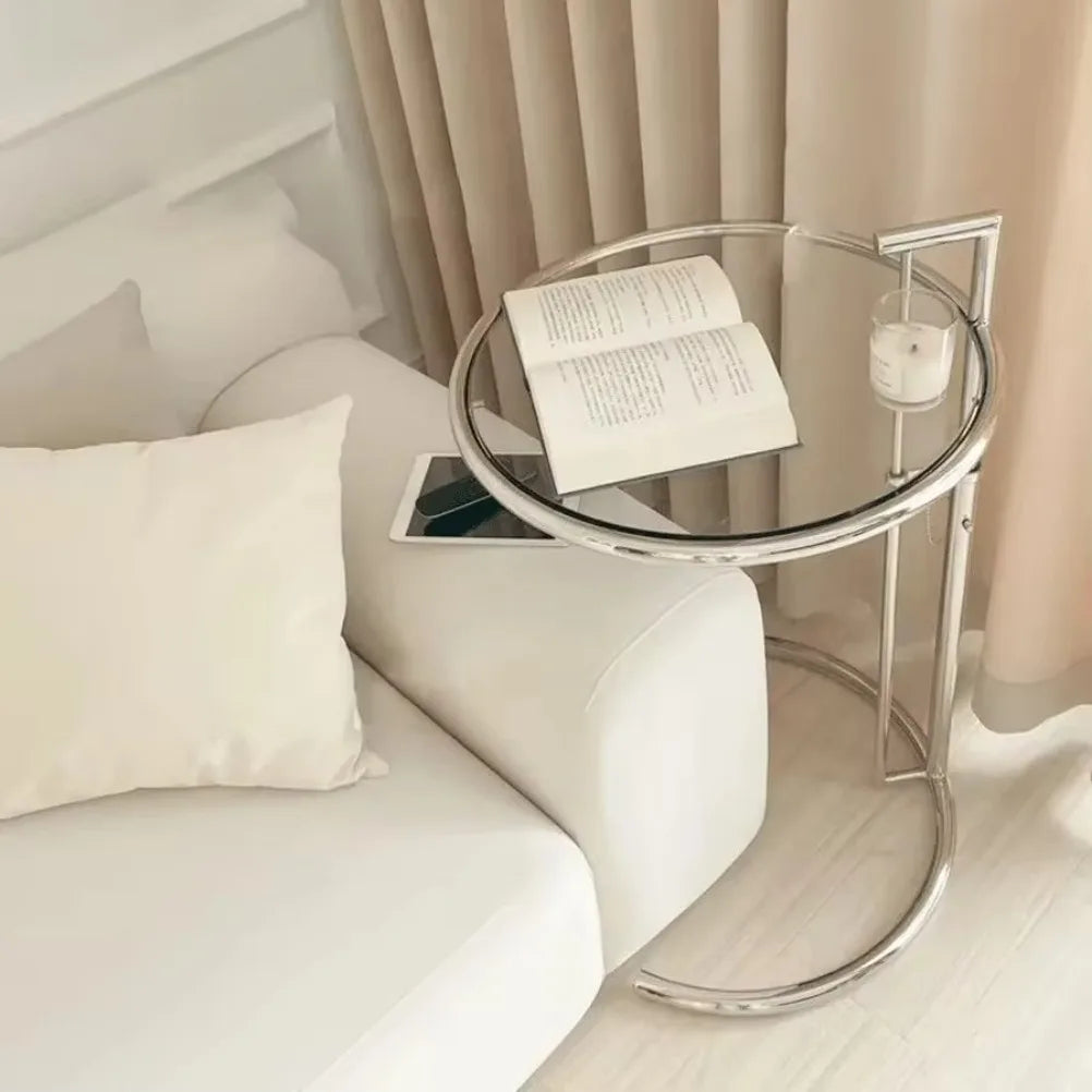 No-EN-Name-Null  Modern Round Shaped Liftable Clear Glass Tabletop C-Shaped Silver Stainless Steel Frame End Tables/Colors-Transparent Color/Gray/Brown