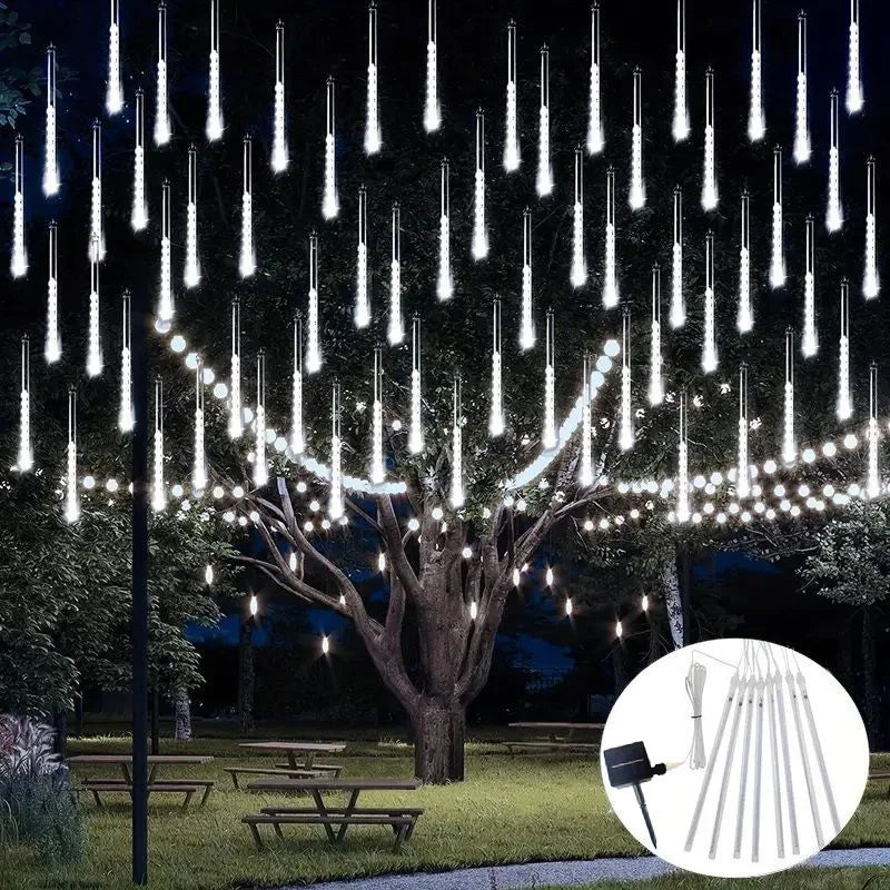 Outdoor Garden DIY Solar-Powered Cool White LED Lights Meteor Shower-Rain Garland Light Ropes-Strings Lights/Colors-Blue/Black/Purple/Yellow/White/Pink/Sizes: 30cm/50cm