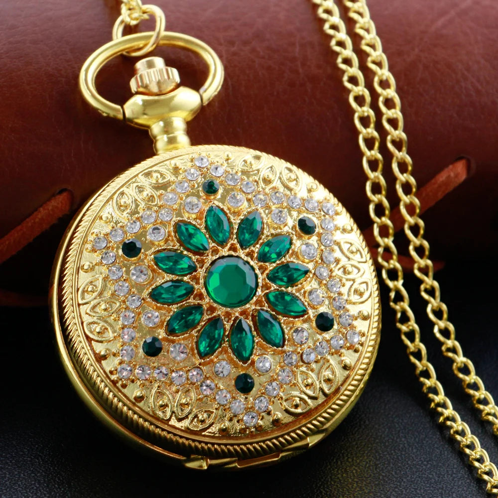 SHUHANG Adults Quartz Analog-Digital Display Gold-Red Ruby Stones On Front-Floral Design On Back Round Shaped Stainless Steel Metal Case Hardlex Face Necklace Chain-Pocket Watches