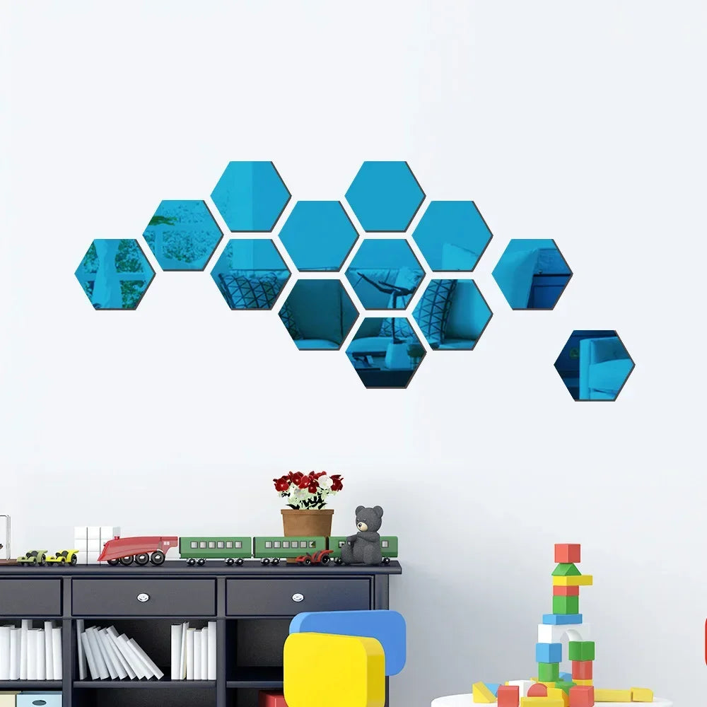 6/12pcs 3D Hexagon Mirror Wall Sticker /Colors-Rose Gold, Blue, Multicolor, Silver, Black, Red, Golden