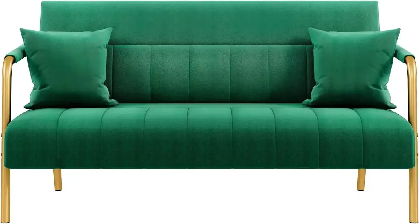 No-EN-Name-Null Modern Gold-Tone Iron Metal Padded Armrests-Legs Pink Soft Polyester Fabric Thick Cushion 2-Seater Loveseat Sofas/Colors-Green/Pink/Light Gray/Two Matching Pink Pillows/Weight Max : 600 LBS