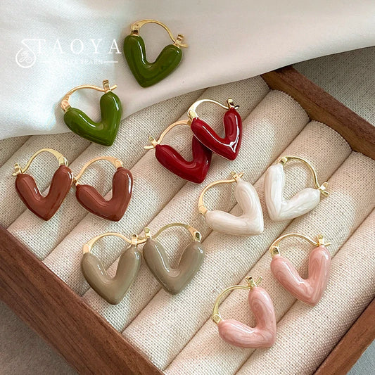 Women Imitation Red Wine Enamel Heart Shaped Tear Drop Gold Copper Earrings
