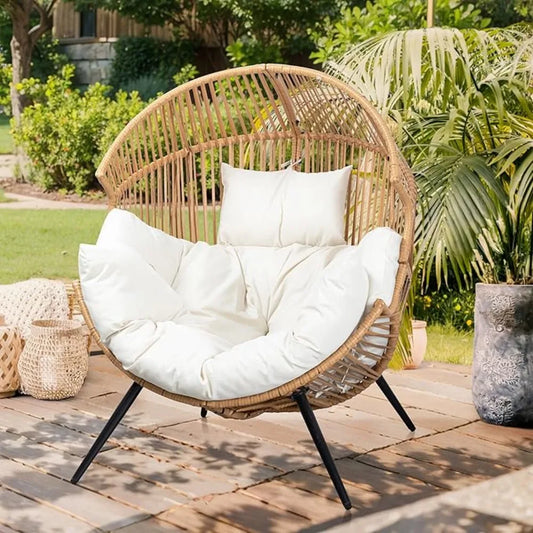 Outdoor Beige Wicker Egg Chair PE Rattan Chair with Cushion/Dimensions L x W: 32.3"L x 38.4"W/